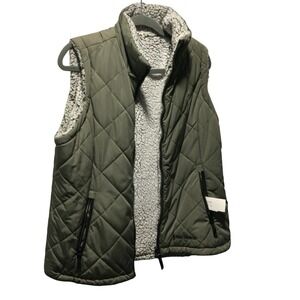 Free Country Womens‎ Reversible Quilted Sherpa Vest Olive Green Grey Large